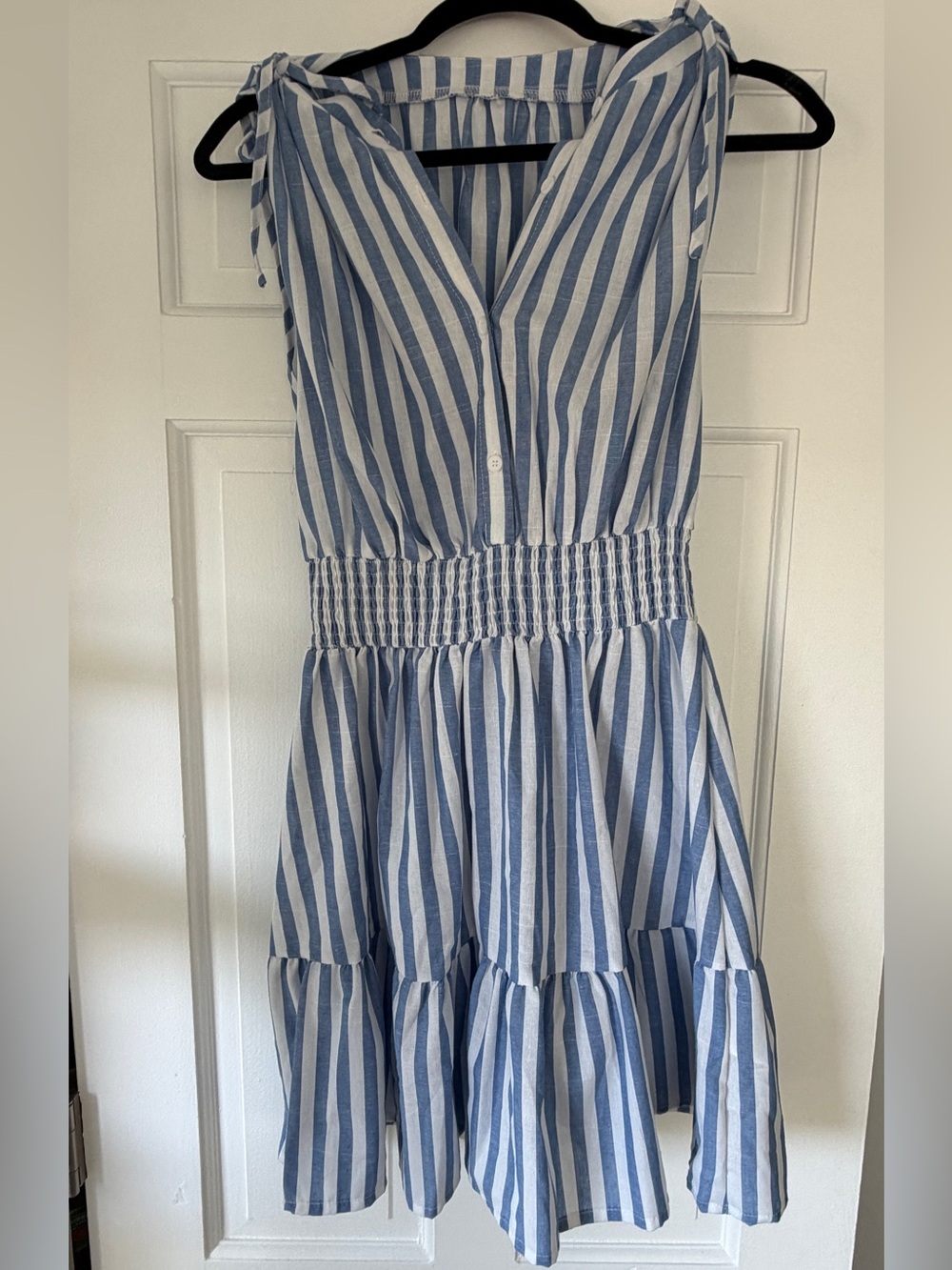 Striped Blue and White Tie-Shoulder Mini Dress